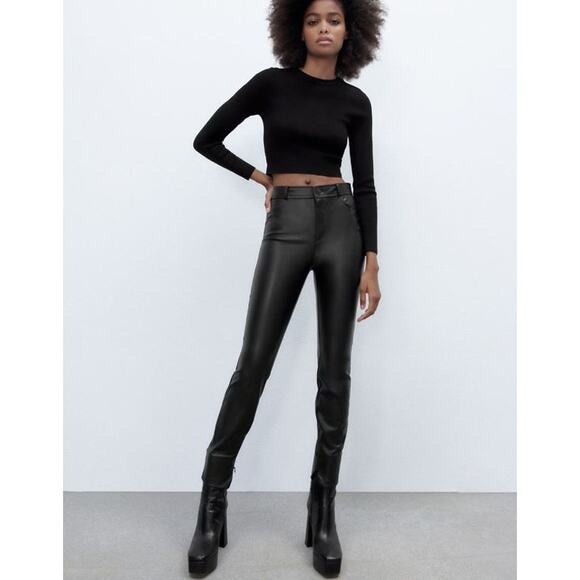 ZARA Slim Fit Ankle Mid Rise Faux Leather Cotton Blend Stretch Skinny Pants - Picture 1 of 10